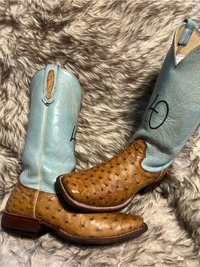 JM Collection Tan Ostrich Leather Western Boots with Light Blue Shaft Sz 8 D